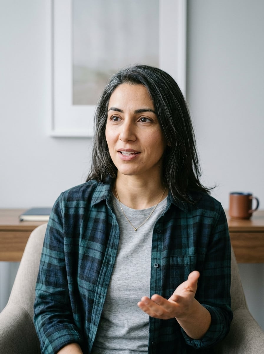 Photorealistic medium eye-level talking-head shot of a calm, empathetic woman in her late thirties with Middle Eastern f