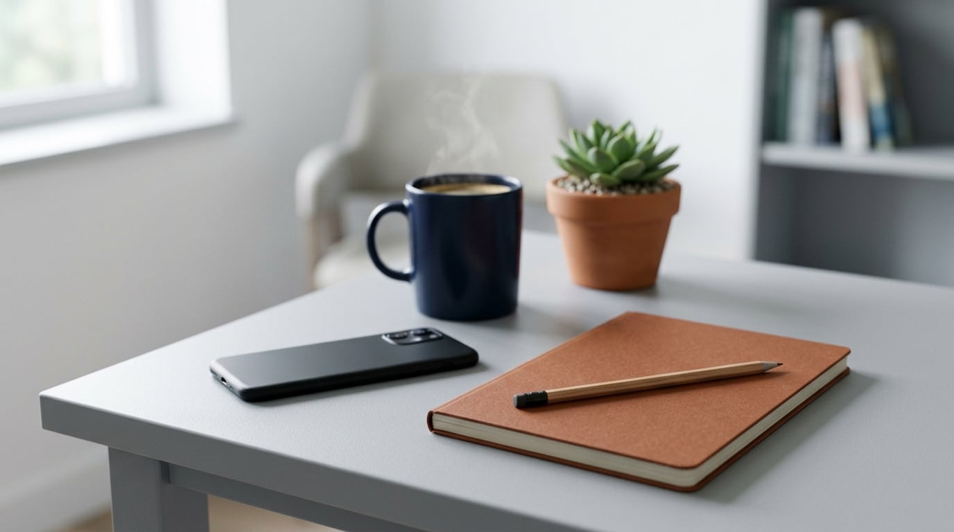 Photorealistic low three-quarter angle still life on the corner of a light grey desk in a calm, clean clinic-style offic